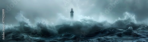 A solitary lighthouse stands resilient against towering stormy sea waves under a moody dusk sky, evoking a sense of guidance and steadfastness.