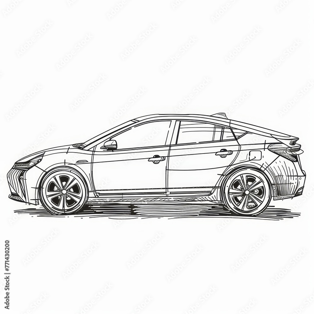 a hand-drawn of sport car, simple vector svg illustration, black monoline, isolated on with background