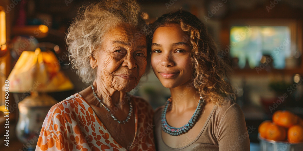 A beautiful portrait capturing the bond between a senior grandmother and her elegant granddaughter.