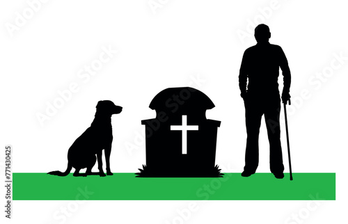 Elderly man with walking stick visiting his wife's grave accompanied by dog black silhouette