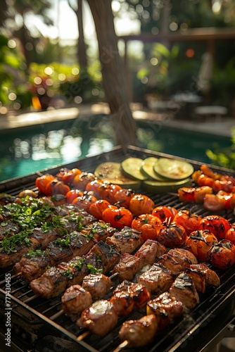 Enjoy a delectable lunch of grilled meat and vegetables by the poolside.