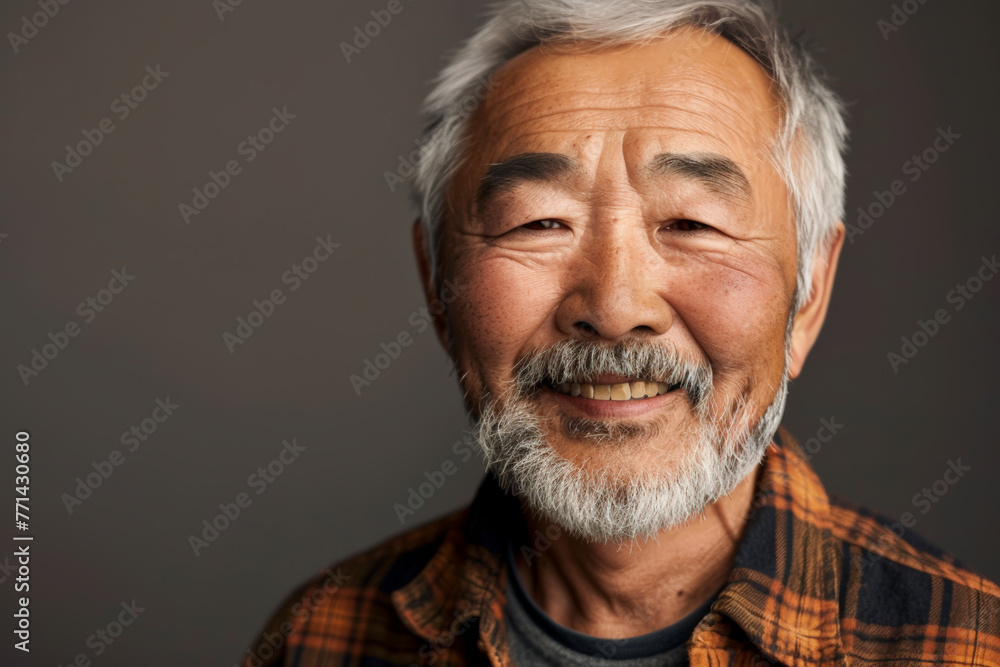 Close-up portrait of an 80-year-old senior man, emanating positivity and vitality with his joyful smile and expressive eyes, against a sleek gray studio backdrop Close-up portrait of an 80-year-old senior man, emanating positivity and vitality with his joyful smile and expressive eyes, against a sleek gray studio backdrop