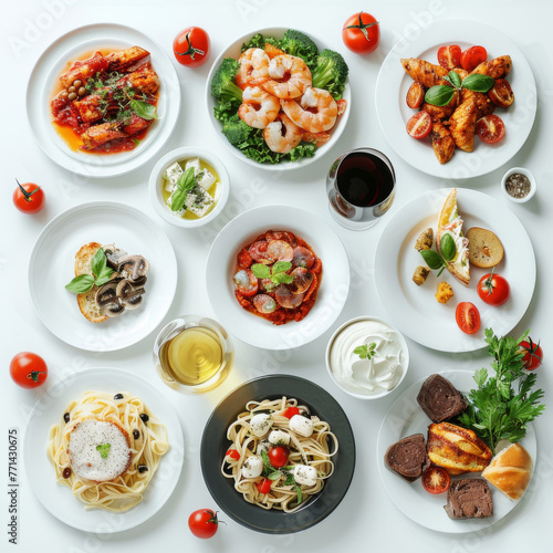 Variety of Italian dishes including pasta, seafood, and meats presented on a white background.