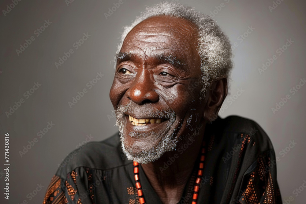 Close-up portrait of an 80-year-old senior man, emanating positivity and vitality with his joyful smile and expressive eyes, against a sleek gray studio backdrop