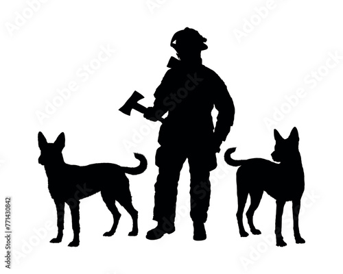 Firefighter holding axe standing among two dogs black silhouette.