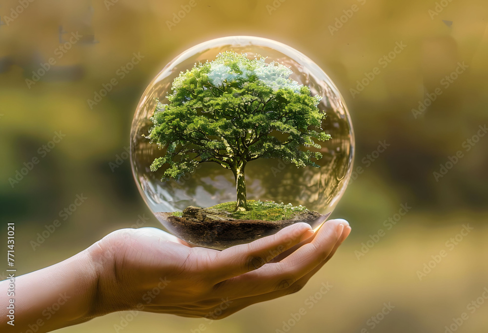 A hand holds a glass sphere containing a green tree inside, symbolizing sustainable development, eco-friendly living, and environmental protection. A hand holds a glass sphere containing a green tree inside, symbolizing sustainable development, eco-friendly living, and environmental protection.