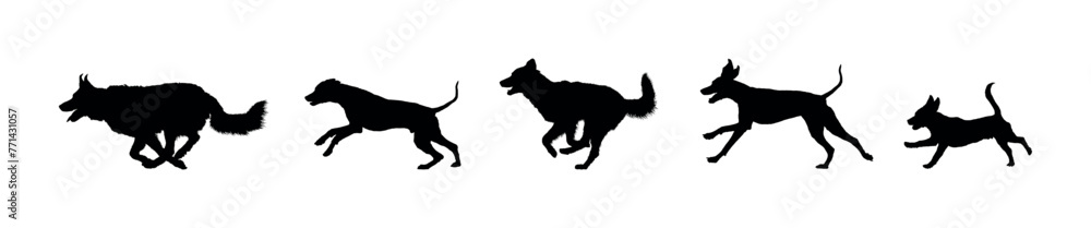 Group of dogs running side view vector black silhouettes.