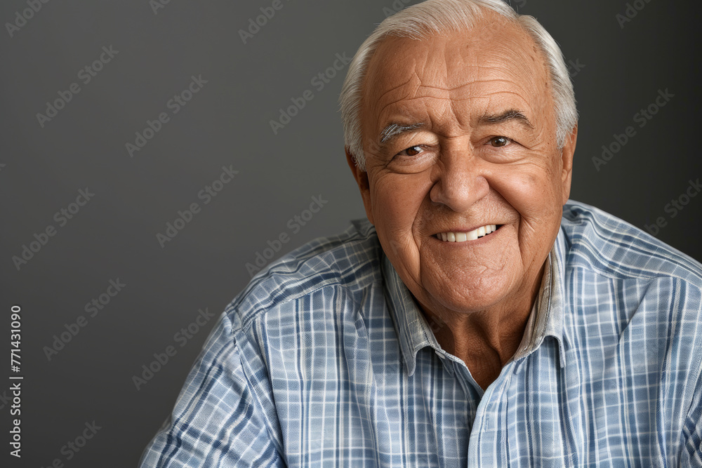Close-up portrait of an 80-year-old senior man, emanating positivity and vitality with his joyful smile and expressive eyes, against a sleek gray studio backdrop Close-up portrait of an 80-year-old senior man, emanating positivity and vitality with his joyful smile and expressive eyes, against a sleek gray studio backdrop