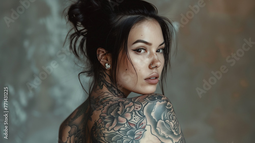 beautiful woman with tattoo on her entire back photo