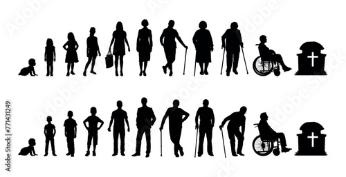 Human aging growing process stages infographic silhouettes. Man and woman life cycle stages from birth to death vector silhouettes set. photo