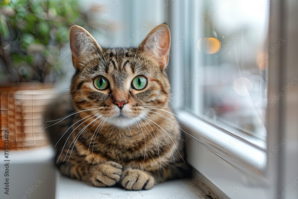 curious tabby cat perched on a windowsill, its emerald eyes alight with curiosity as it watches the world outside with quiet fascination, a symbol of independence, grace, and quiet contemplation