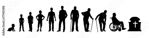 Man life cycle and aging process stages from baby to death human life path vector silhouette set.	