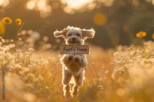 loyal cocker spaniel bounding through a sunlit meadow, holding in mouth a sign reading Faithful Friend as it embodies the loyalty and devotion of man's best friend with dog.