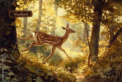 a graceful deer leaping through a sun-dappled glade, abig sign on a nearby tree reading "Woodland Wanderer" as it moves with deer-like agility and woodland charm
