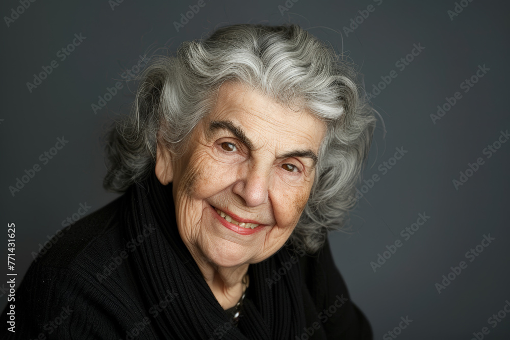 Timeless beauty of an 80-year-old senior woman in a close-up studio portrait, showcasing her radiant smile and joyful demeanor against a neutral gray background Timeless beauty of an 80-year-old senior woman in a close-up studio portrait, showcasing her radiant smile and joyful demeanor against a neutral gray background