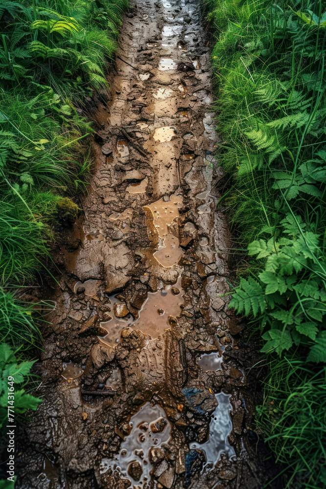 Fototapeta premium Muddy Path Through Rural Countrysid, road adventure, path to discovery, holliday trip, Aerial view
