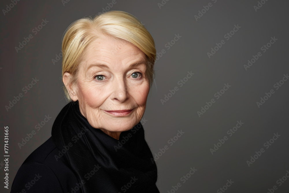 Timeless beauty of an 80-year-old senior woman in a close-up studio portrait, showcasing her radiant smile and joyful demeanor against a neutral gray background