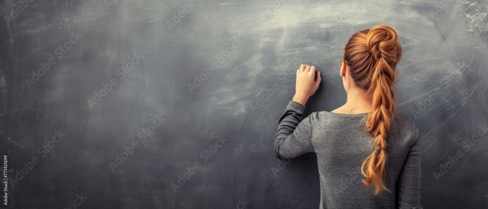 Female teacher writing on blackboard in an empty classroom, concept for education and school. Female teacher writing on blackboard in an empty classroom, concept for education and school.