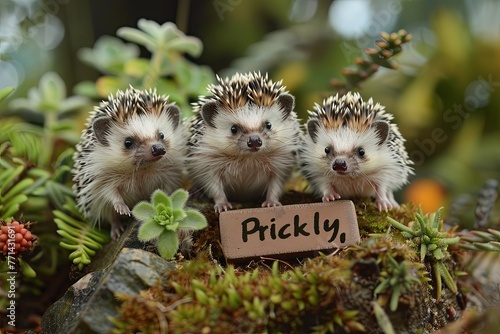 trio of quirky hedgehogs gathered around a tiny sign that reads "Prickly," each one puffing up its spines in a comical display of defensiveness