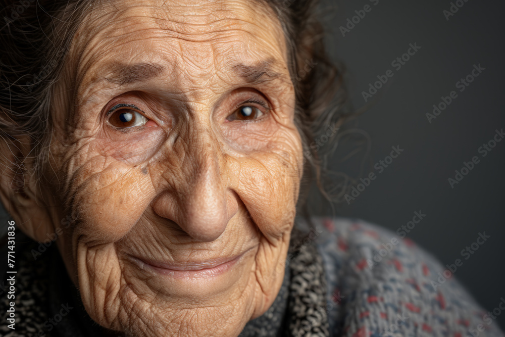 Timeless beauty of an 80-year-old senior woman in a close-up studio portrait, showcasing her radiant smile and joyful demeanor against a neutral gray background Timeless beauty of an 80-year-old senior woman in a close-up studio portrait, showcasing her radiant smile and joyful demeanor against a neutral gray background
