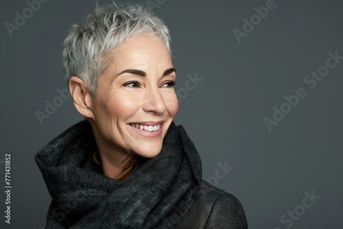 Timeless beauty of an 80-year-old senior woman in a close-up studio portrait, showcasing her radiant smile and joyful demeanor against a neutral gray background