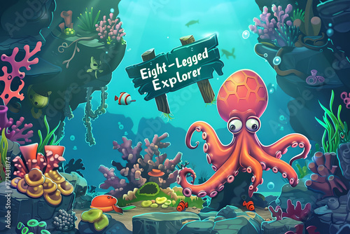 a cartoon curious octopus exploring a vibrant coral reef, its sign reading 