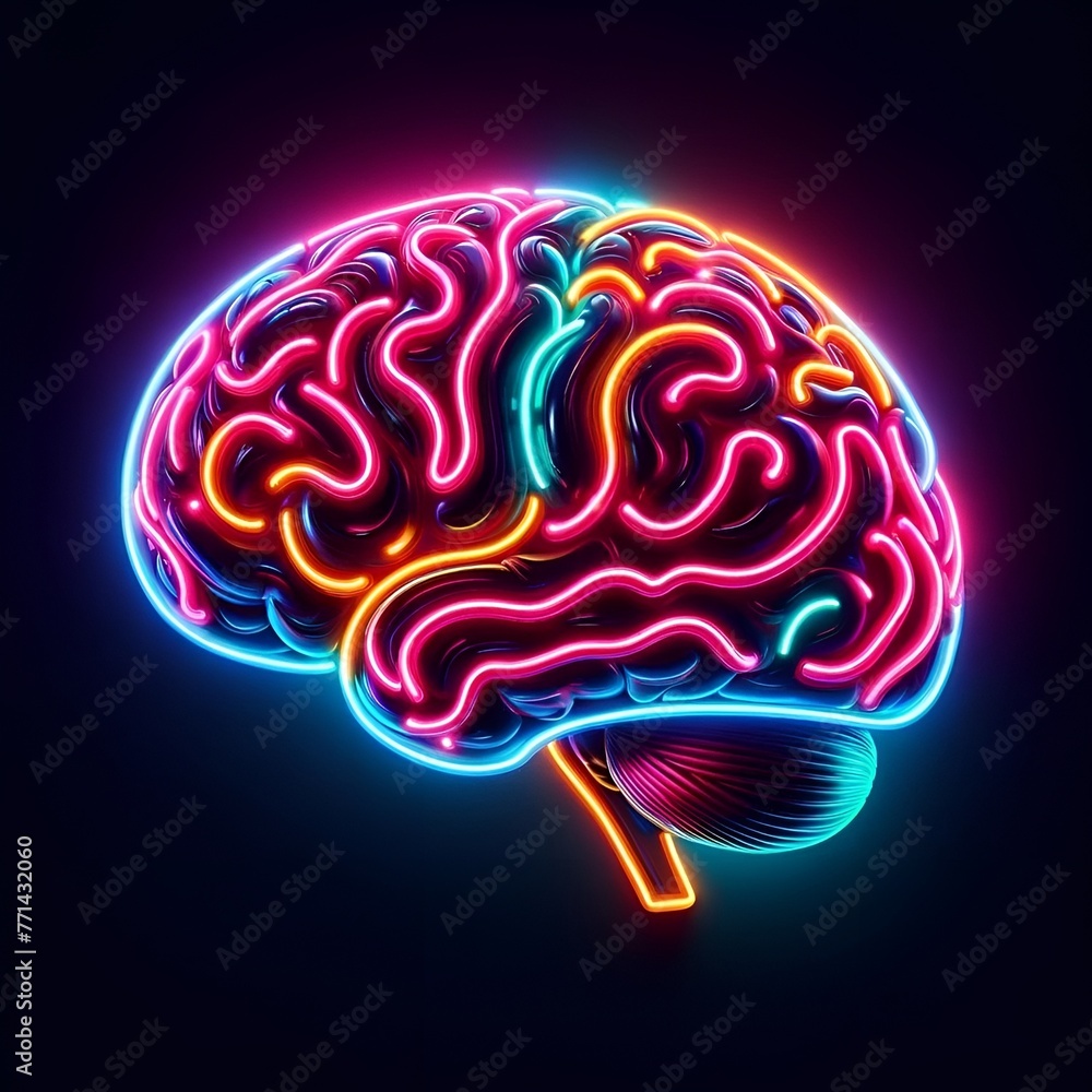 A human brain with neon light emitted on a dark background, Generative Ai A human brain with neon light emitted on a dark background, Generative Ai