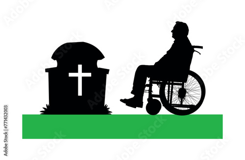 Lonely elderly man sitting on wheelchair in front of grave in cemetery black silhouette.