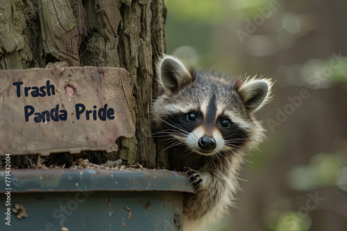 mischievous raccoon peeking out from behind a trash can, clutching a sign that says "Trash Panda Pride," embracing its reputation as the ultimate scavenger with cheeky pride
