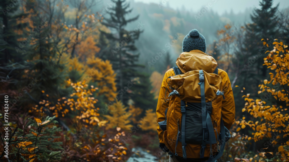 Rear view of an individual with a backpack gazing at a foggy autumn forest.
