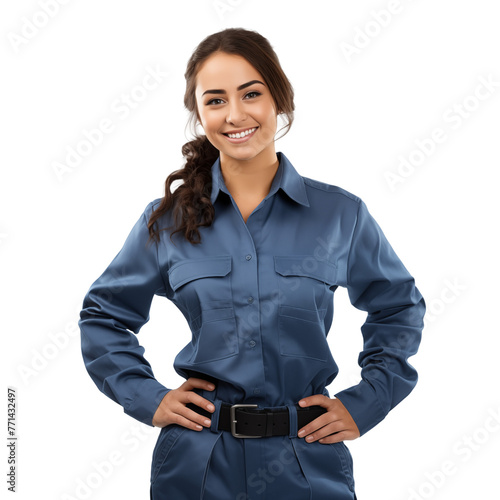 Young woman confidently wearing a professional mechanics uniform isolated on transparent or white background