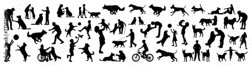 People playing with dog various poses black silhouette set collection.