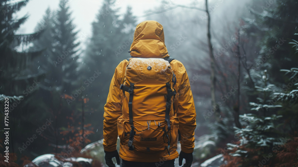 Back view of a person wearing a yellow jacket and backpack, exploring a snowy forest.