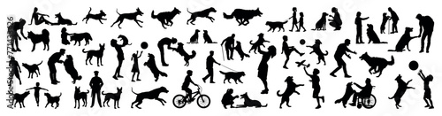 Group of people playing with dog various poses black silhouette set collection.