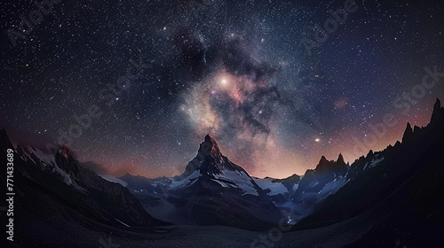 Milky way glows above mountain peak at dusk, AI Generative.