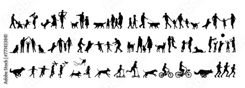 Group people all ages activities with dogs vector silhouette set collection.