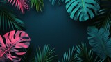 Tropical leaves on a dark background with space for text, vibrant neon colors, concept for summer and nature.