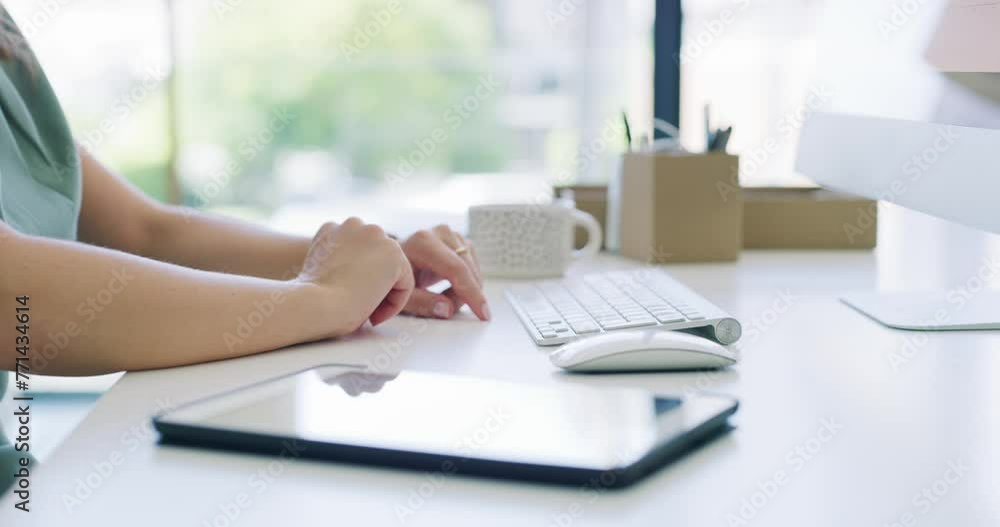 Hands, tablet and business woman on keyboard, mouse and computer at office desk in startup. Closeup, digital technology and creative editor at table, planning and typing email for online research app Hands, tablet and business woman on keyboard, mouse and computer at office desk in startup. Closeup, digital technology and creative editor at table, planning and typing email for online research app