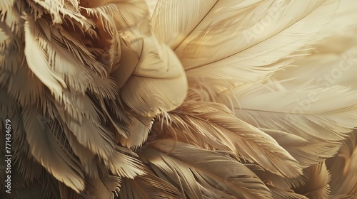 A captivating close-up view of layers upon layers of soft beige feathers, their feathery edges delicately blending together to form a seamless and velvety texture that beckons to be touched photo
