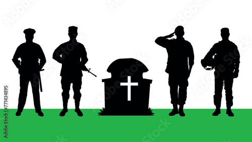 Soldiers giving salute to respect in military cemetery grave black silhouette. Tribute respects to patriotic veteran war fallen military service members national cemetery vector silhouette.