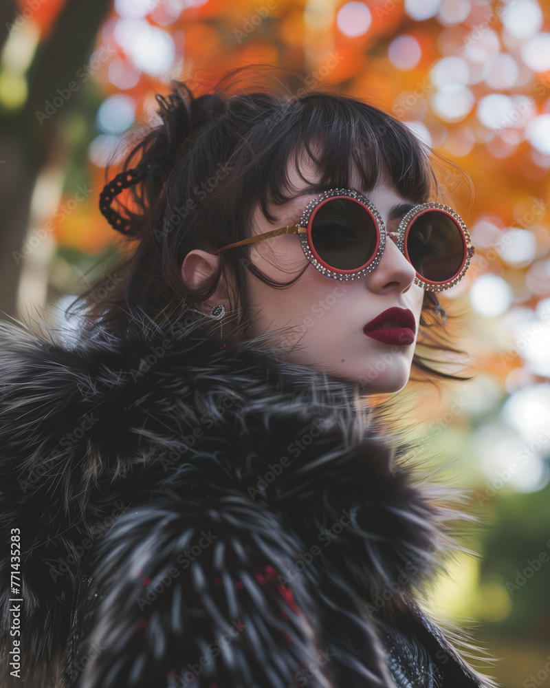 young woman with halloween sunglasses and fur coat, autumn setting young woman with halloween sunglasses and fur coat, autumn setting