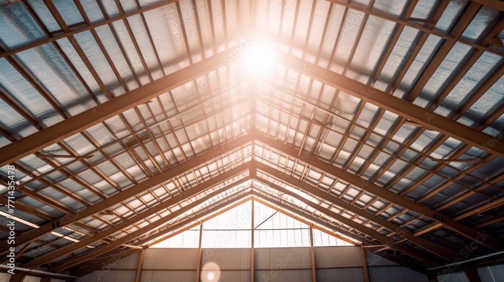 Warehouse metal roofing, Large steel roof structure, bottom view with skylight translucent roof. AI-generated Warehouse metal roofing, Large steel roof structure, bottom view with skylight translucent roof. AI-generated