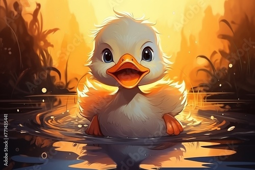 Cartoon chibi duckling in a puddle, front view, splashing, twilight softness