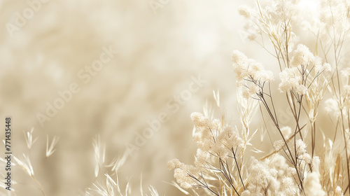 Neutral Toned Dry Grass Background. Soft Beige Wildflowers in Delicate Light