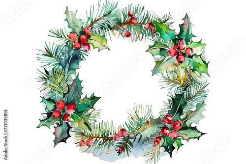 Watercolor christmas wreath isolated on white background