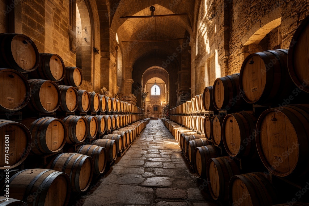 the ambiance of a wine cellar boasting rows of wooden barrels and shelves laden with an array of wine bottles