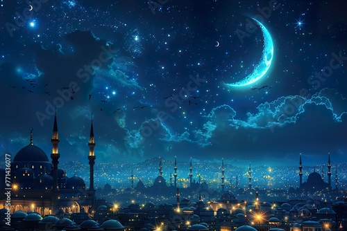 Realistic Ramadan Glow Mosque Moon and Bokeh islamic ramadan eid mubarak kareem mosque background 