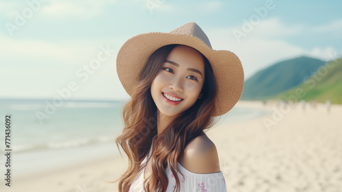 Asian-looking girl in a hat and summer dress on a beach by the sea or ocean. © sky rider