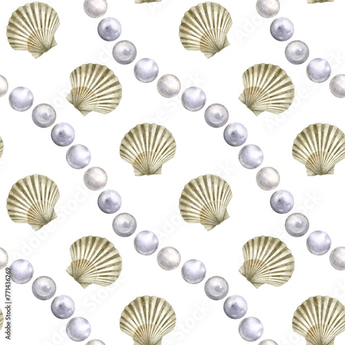 Seamless pattern of watercolor Seashell and sea pearls. Hand drawn illustration of sea Shell. Colorful drawing of Scallop. Ocean Cockleshell marine underwater. On white background. For decoration