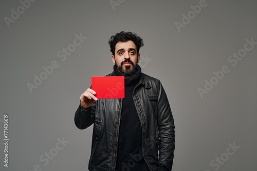 Middle-Eastern man showing red card against racism